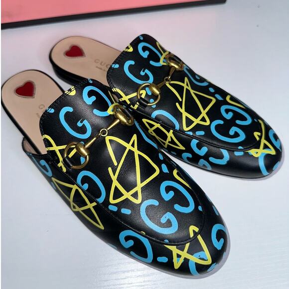 Gucci Horse Bit Princetown Mules in Graffiti/Ghost Print Size EU 37 Blue/Yellow - Picture 6 of 7